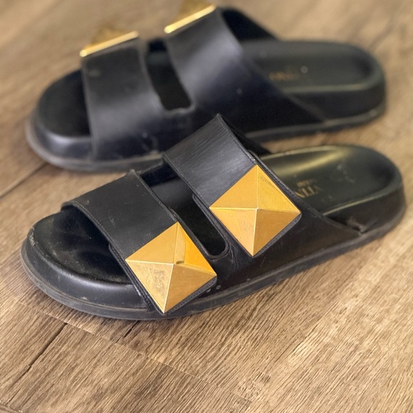 Valentino Garavani Black and Gold Sandals - Picture 2 of 8